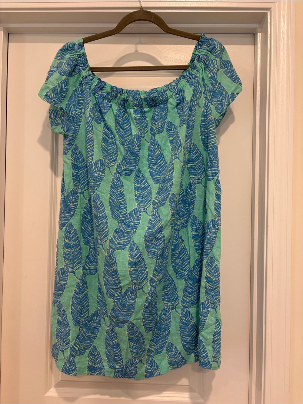 Vineyard Vines Green & Blue Leaf Print Off-Shoulder Dress
